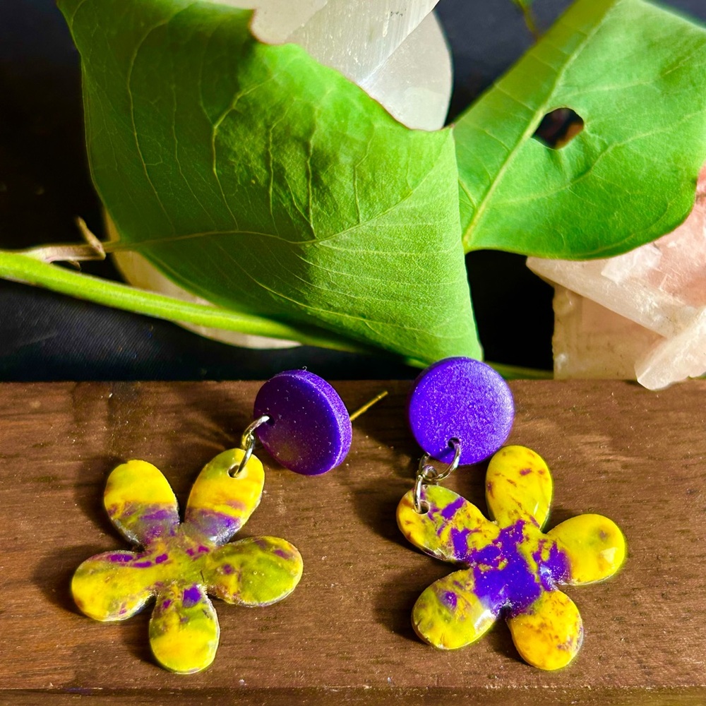 Purple and Yellow Groovy Flower Dangle Stud Earrings